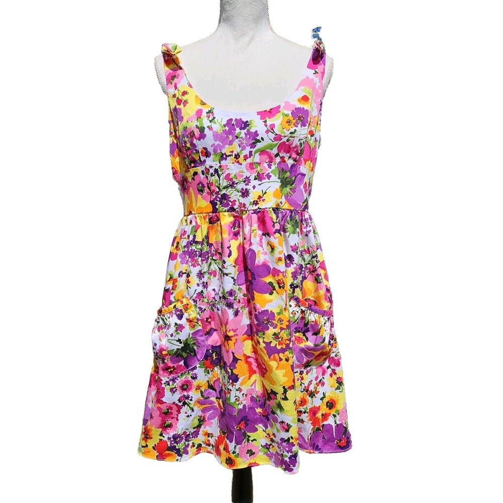 Breakin' Loose Vibrant Floral Faux Tie‎ Shoulder Dress Size 12 Artsy Dopamine